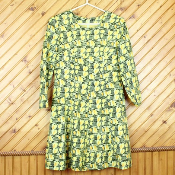 Vintage Minet Midi Dress 1960 Mod Style Long Sleeve Small Yellow Black Bees D167 - Picture 7 of 8